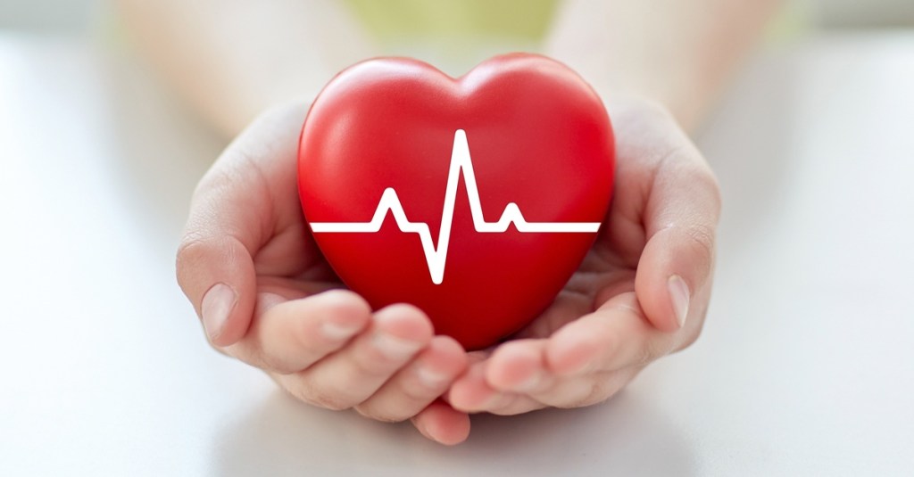 Two cupped hands resting on a table, holding a red heart with a white heartbeat line running across it.