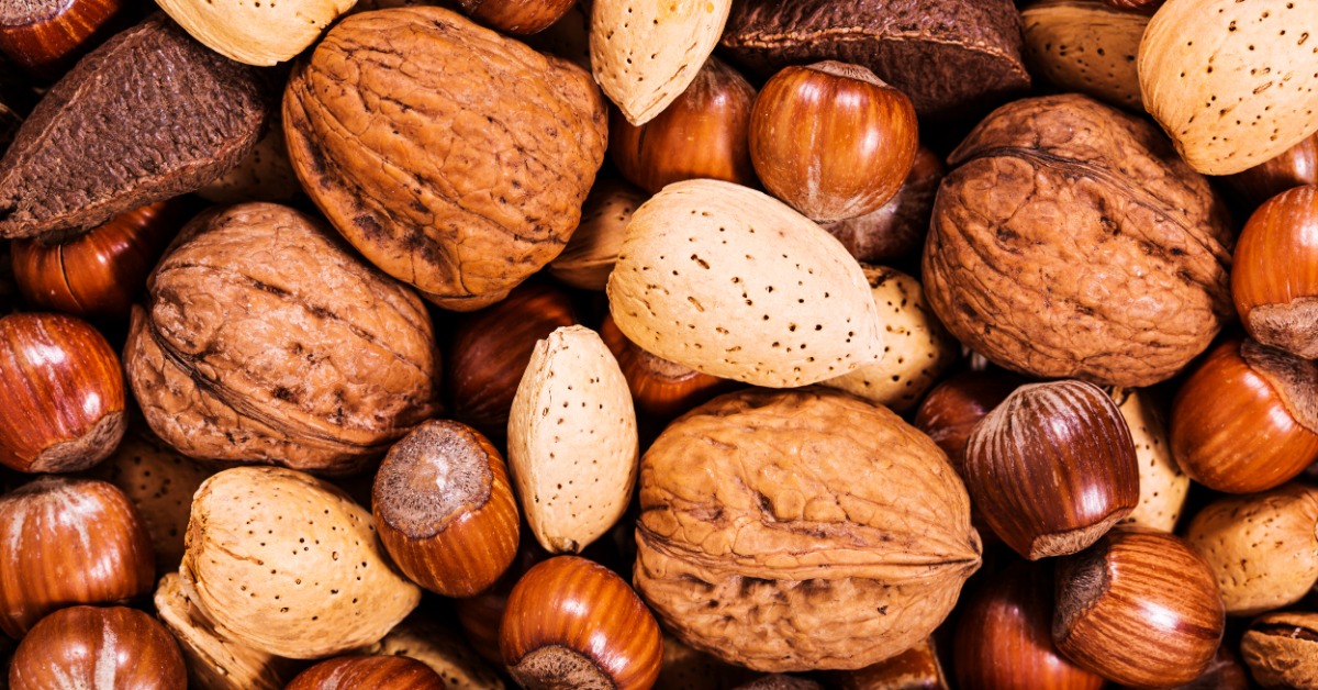 A pile of mixed nuts lying in a brightly lit area. The pile includes walnuts, chestnuts, and almonds.